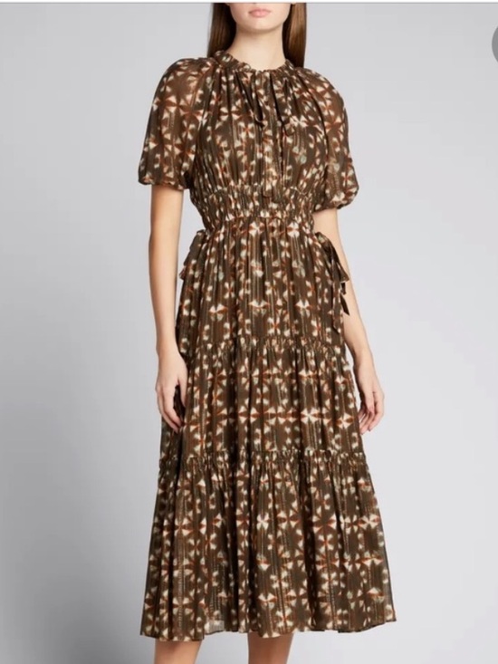 Ulla Johnson Dresses & Skirts - Ulla Johnson Tunis Midi Dress 100% Silk Olive Prism Metallic Puff Sleeve Size 4